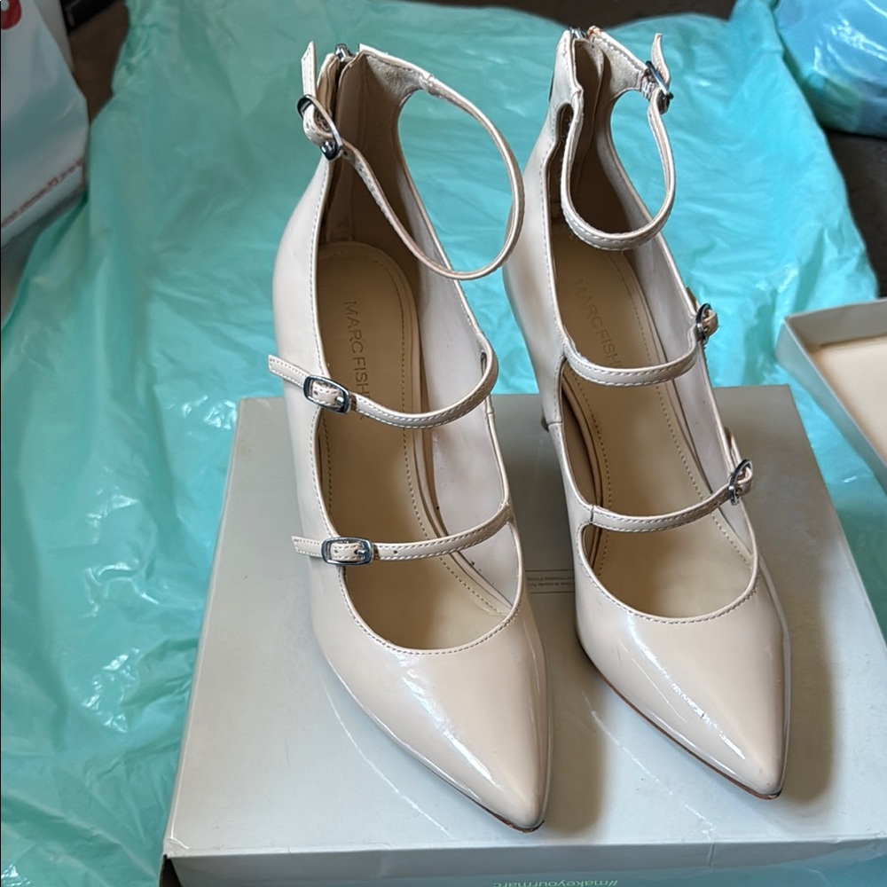 Marc Fisher Cream Stiletto Heels with Strappy Design